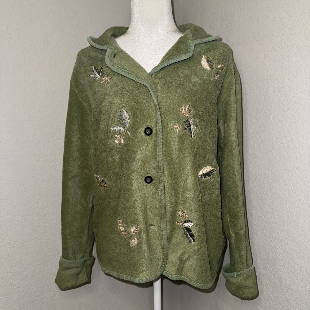 Whitefish Bay Fleece Jacket Women’s S Green Leaves Embroidered Cottage Grandma